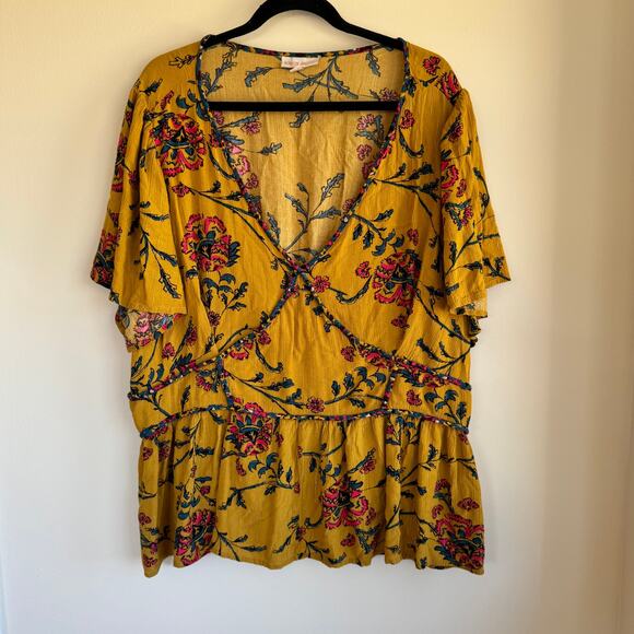 Knox Rose Textured Floral Top Yellow Blue Deep V-Neck Smocked Short Sleeve Sz 2X - Picture 2 of 6